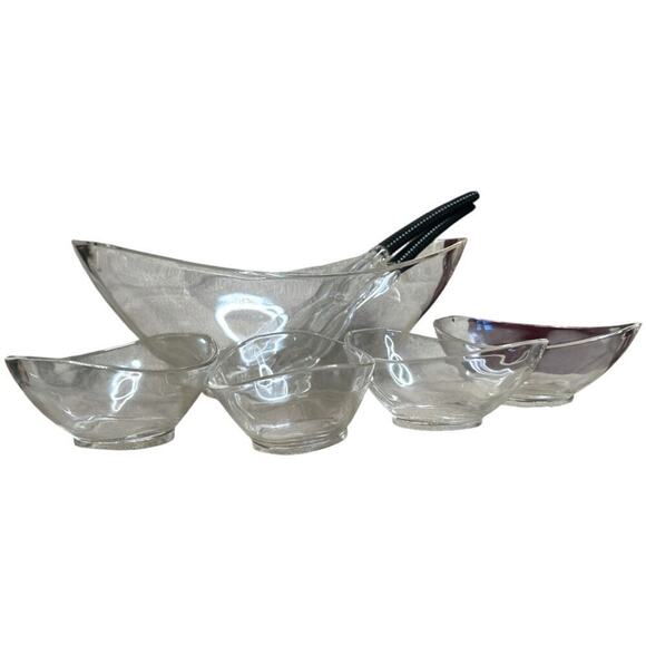 Vintage Clear Plastic Salad Fruit Set 1 Bowl 4 Sm Bowls & 2 Serving Utensils - Picture 3 of 7